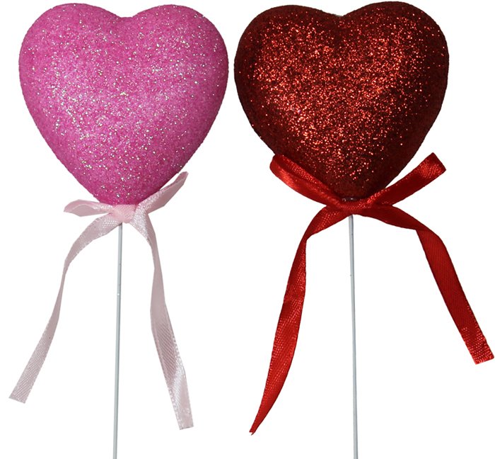 G87011 Puffed Glitter Heart Picks With Bow